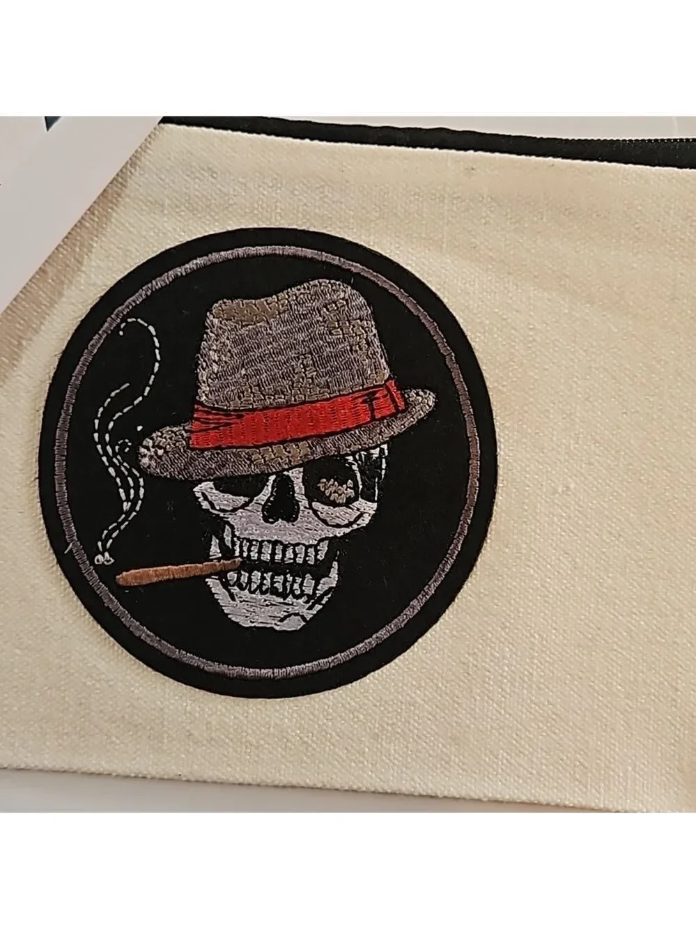 Hand Crafted Multi-use Bag Beige Zipper Pencil Case Skull Motif Iron-on Patch